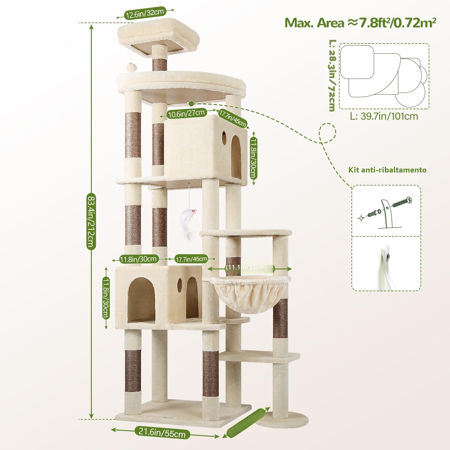 Globlazer Tiragraffi Beige XXL per Gatti Adulti Alto 213 cm con Grandi Piattaforma 55cm*45cm, 2 Grotta, Posatoi, Cesto, Albero Tiragraffi Stabile per Multipli Gatti Grandi Interno (F83, Beige)