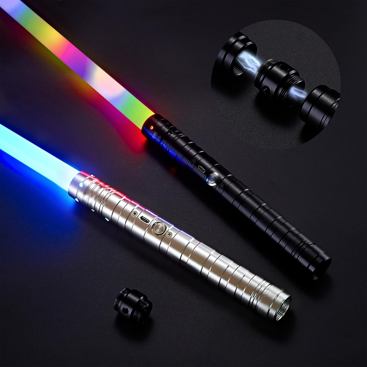SANCO Metal Hilt Dueling Light Up Sabers - 2 Pack RGB 15 Colors Type-C Rechargeable Power Swords with 31 Light Effects & Motion-Sensing FX, Glowing Toys for Halloween Cosplay, Gifts for Kids & Adults 1 Black + 1 White