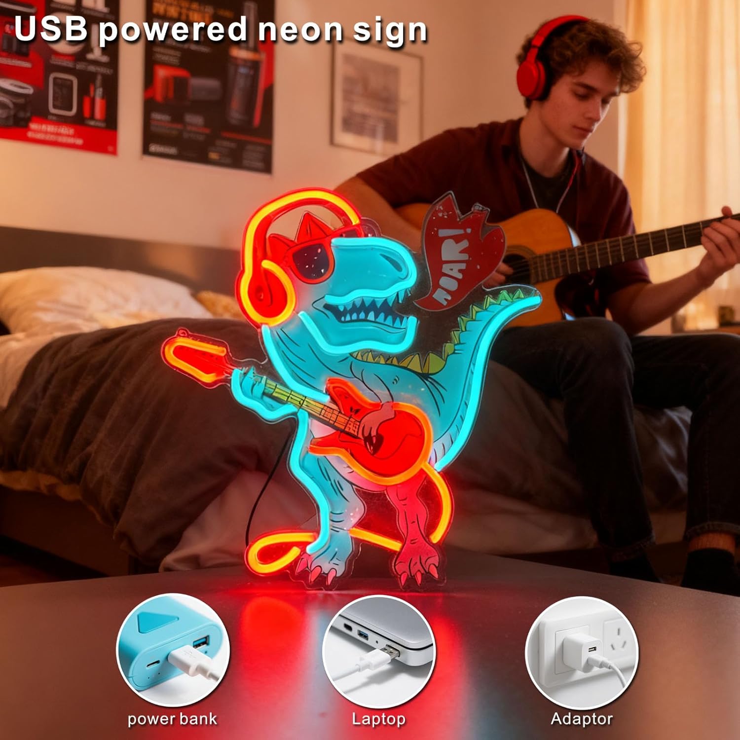 Dinosaur Neon Sign,neon Signs for Wall Decor-USB Powered, Adjustable Gamer Room Decor for Boys Led Light for Bedroom, Bar, Pub, Party, Man Cave Decor,Gifts for Teen Boys - Image 3