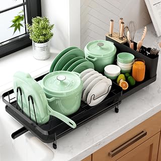Kitsure Kitchen Dish Drying Rack - Extendable Dish Rack w/Large Capacity, Dish Rack for Kitchen Counter, Multipurpose Dish Drainer w/Detachable Brackets for Pot Lids, Dishes-4063