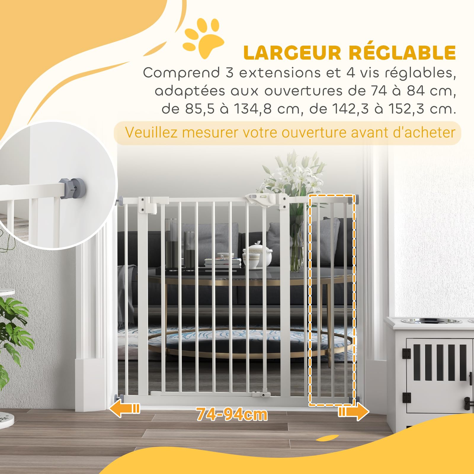 PawHut - Barrera de Seguridad para Animales (74-94 x 77 cm, con Puerta de Cierre automático, Sistema de Doble Bloqueo sin Taladro, con 1 extensión, Color Blanco | Cierre automático, doble bloqueo, sin taladrar, 1 extensiones, para escaleras, pasillos, pue