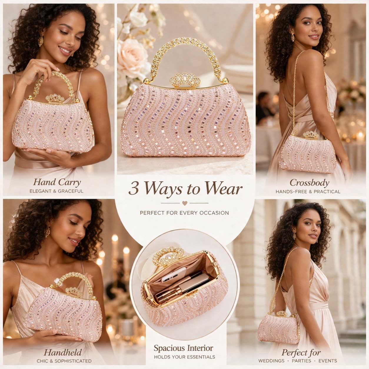 Rhinestone Evening Bag Elegant Crystal Clutch with Crown Detachable Chain for Weddings, Parties Prom Fits iPhone Essentials Perfect Formal Purse（Champagne ）