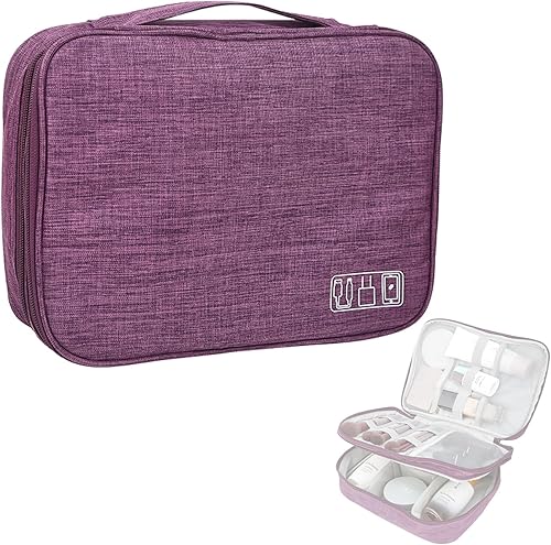 Miniatura 1 de MANGOCAT Bolsa de maquillaje de tres capas con cremallera doble, Púrpura