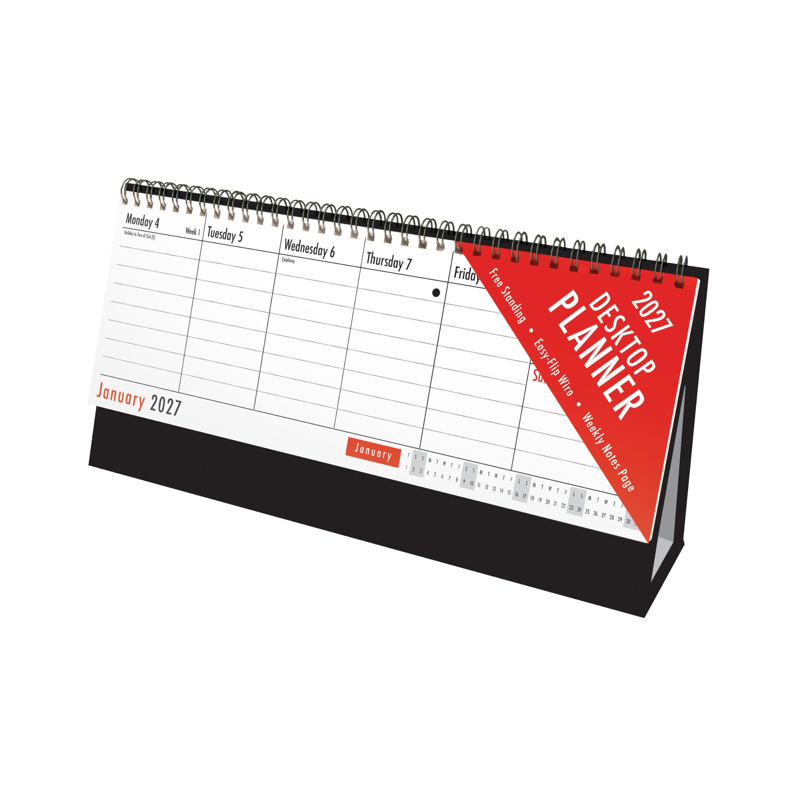 2027 Desk Calendar Week to View – Free Standing Flip Desktop Planner – Wiro Bound Weekly Diary Planner with UK Bank Holidays & Notes – Stand Up Calendar 29cm x 14.5cm – Ideal for Home, Office & Work