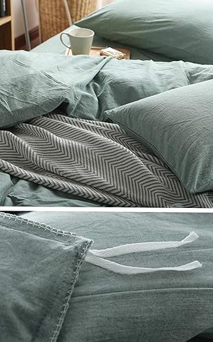 Miniatura 2 de Eikei Juego de funda de edredón de algodón lavado, estilo casual, moderno, relajado, suave, aspecto arrugado natural, 120 x 98 pulgadas, color verde