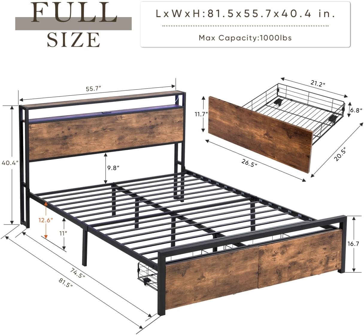 Full Size Platform Bed with 2-Tier Storage Headboard, Full Bed Frame with Charging Station & LED Lights Industrial Bed Frame with 2 Storage Drawers Noise-Free/Metal Support/No Box Spring Needed, Brown