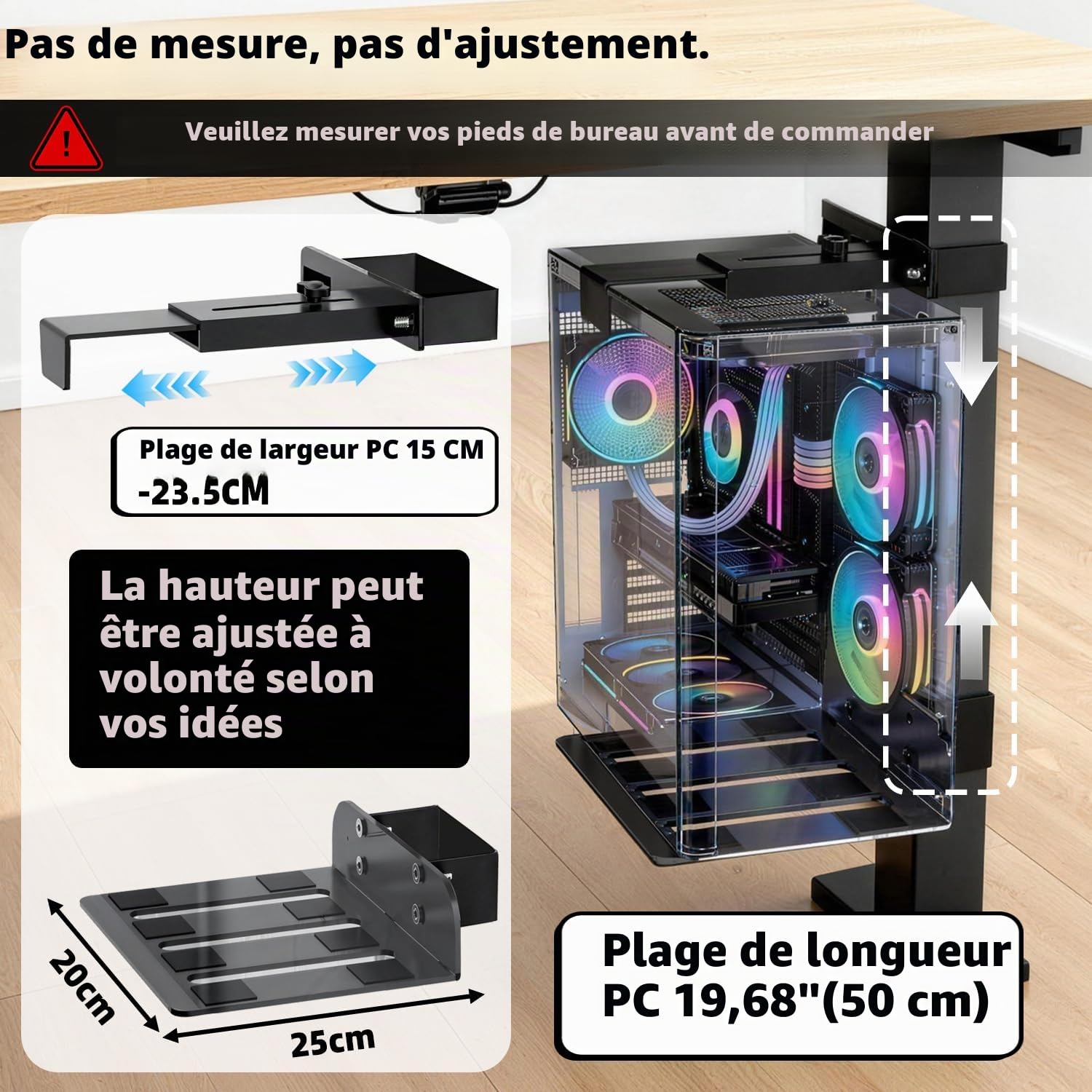 Support PC sous Bureau,Support pour PC Robuste de 20 Kg, Excellente Circulation de L’Air,pour Boîtier Ordinateur(Applicable Uniquement Aux Pieds de Table Mesurant 65 Mm X 45 Mm), Noir