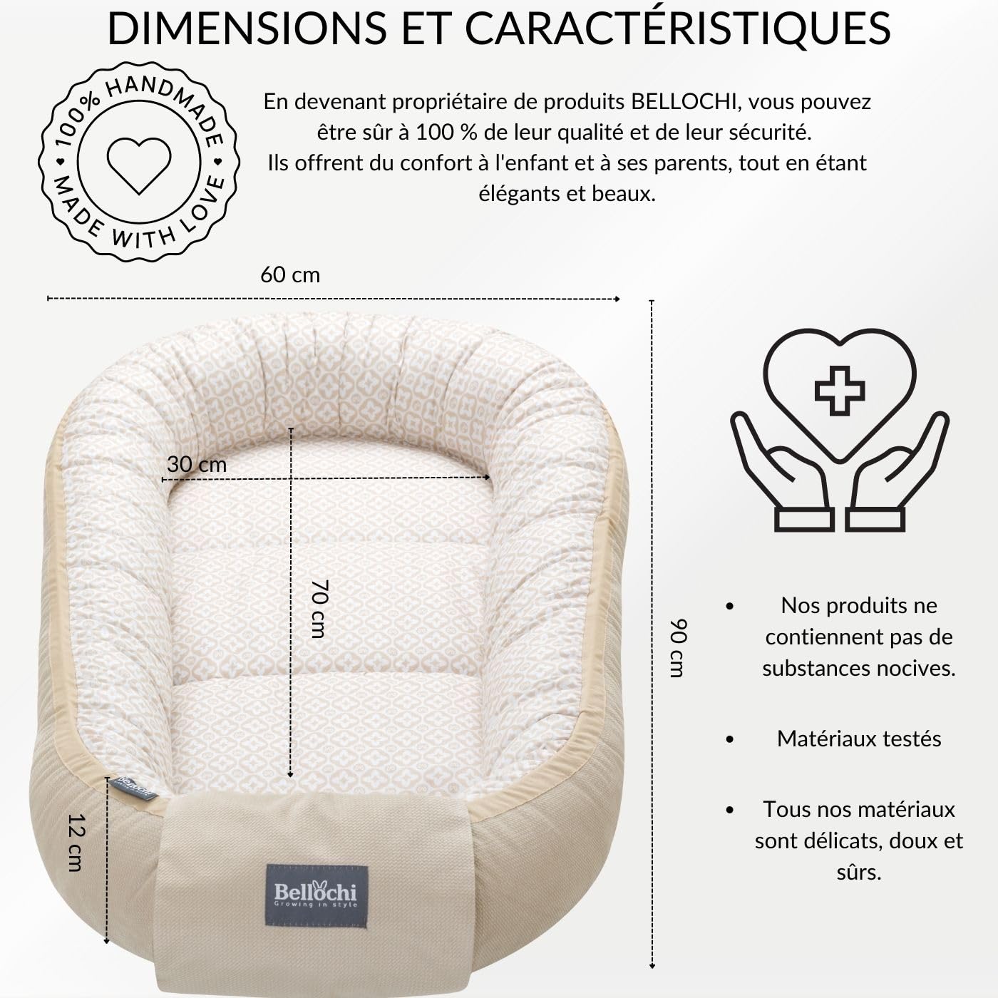 Bellochi Reducteur de Lit Bebe, Cale Bebe pour Lit, Cocon Bebe - 100% Coton, 0-12 Mois - Nid de Bebe, Baby Nest - 90x60 cm (Lux)