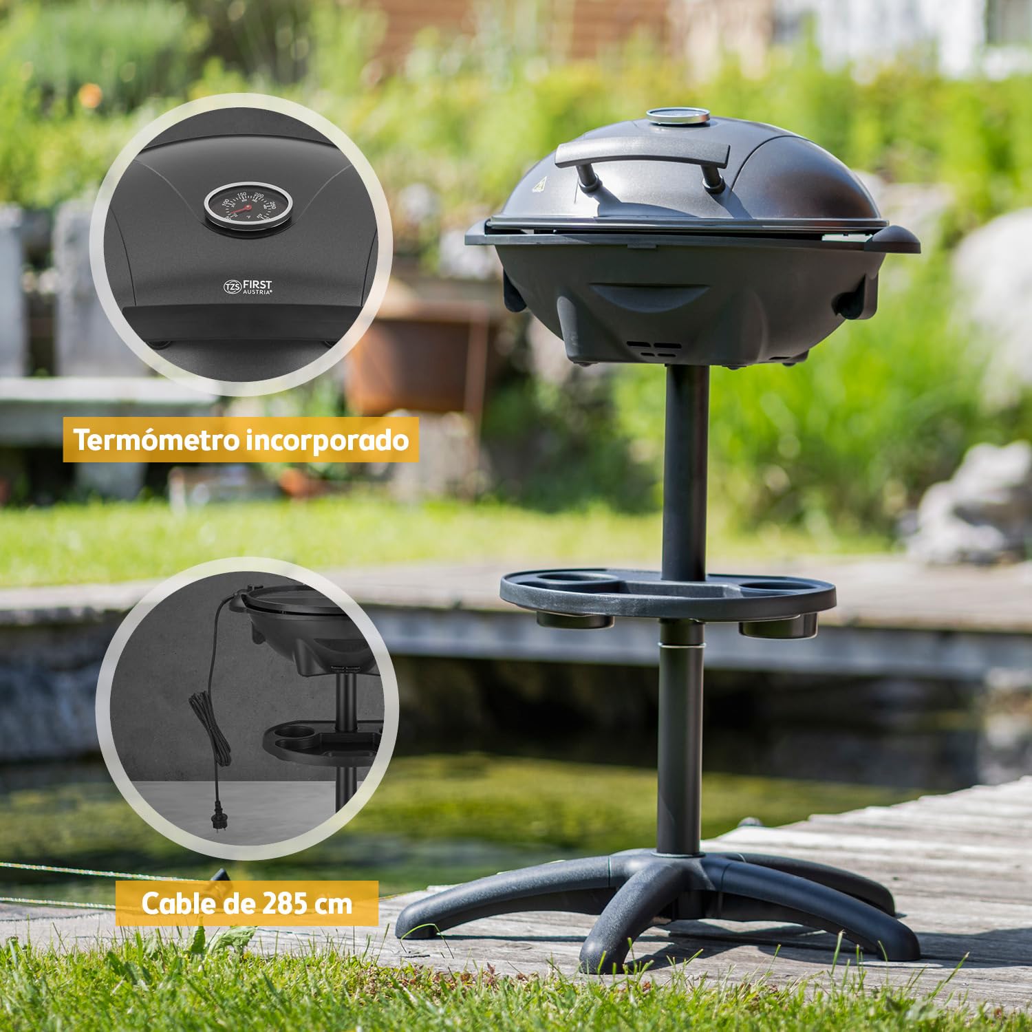TZS First Austria - Barbacoa eléctrica 2 en 1 de mesa y suelo 2400W - BBQ con pedestal para balcón y terraza con tapa y estante - Parrilla esférica con termómetro y bandeja recogegrasas
