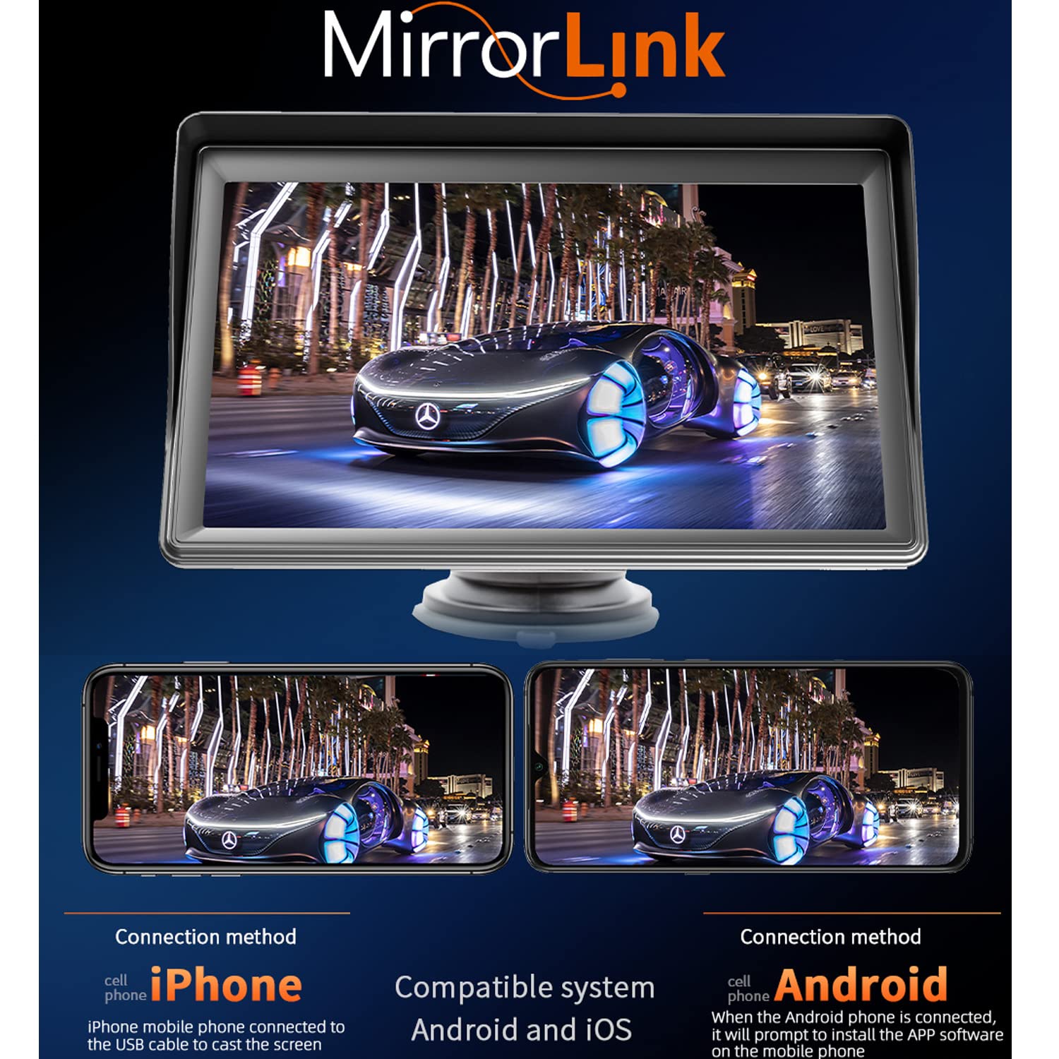 Compatible for monitor portatile per auto wireless Carplay Android Auto, autoradio portatile 7" touchscreen con Mirror Link Trasmettitore FM Bluetooth Porta scheda AUX / USB / TF Telecomando 9V-36V