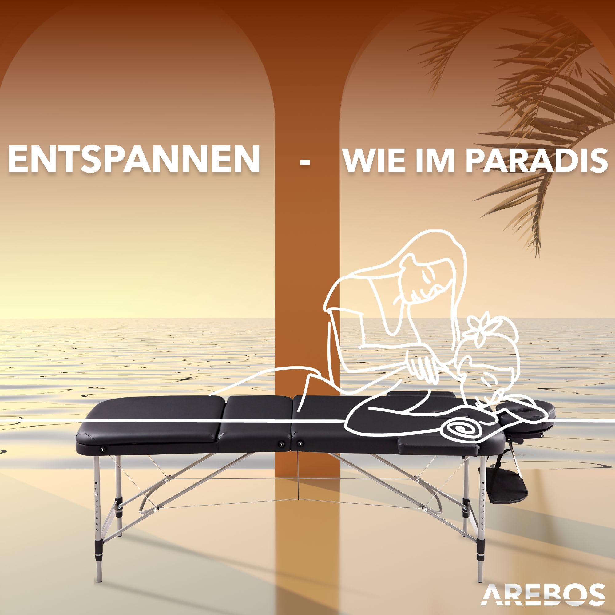 Arebos Mobile Massageliege 3 Zonen, Massagetisch, Massageliege klappbar, höhenverstellbare Aluminium Massagebett Kosmetikliege tragbar inkl. Zubehör, Kopfstütze, Armlehne und Tragetasche, Schwarz