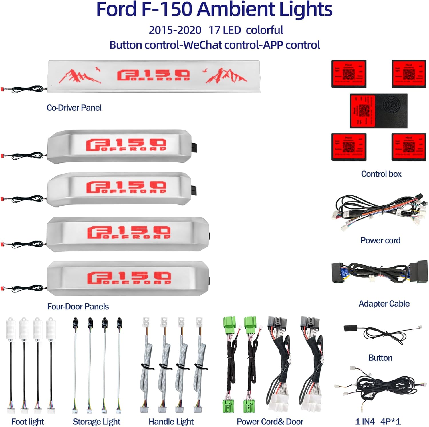 Ambient Light Kit for 13th Gen Ford F-150, 2015-2020 Chrome Interior Inner Door Handle Cover, Door Opening Warning, 256-Color, SYNC 3 Controlled Light Brightness, F150 Truck Accessories Replacement