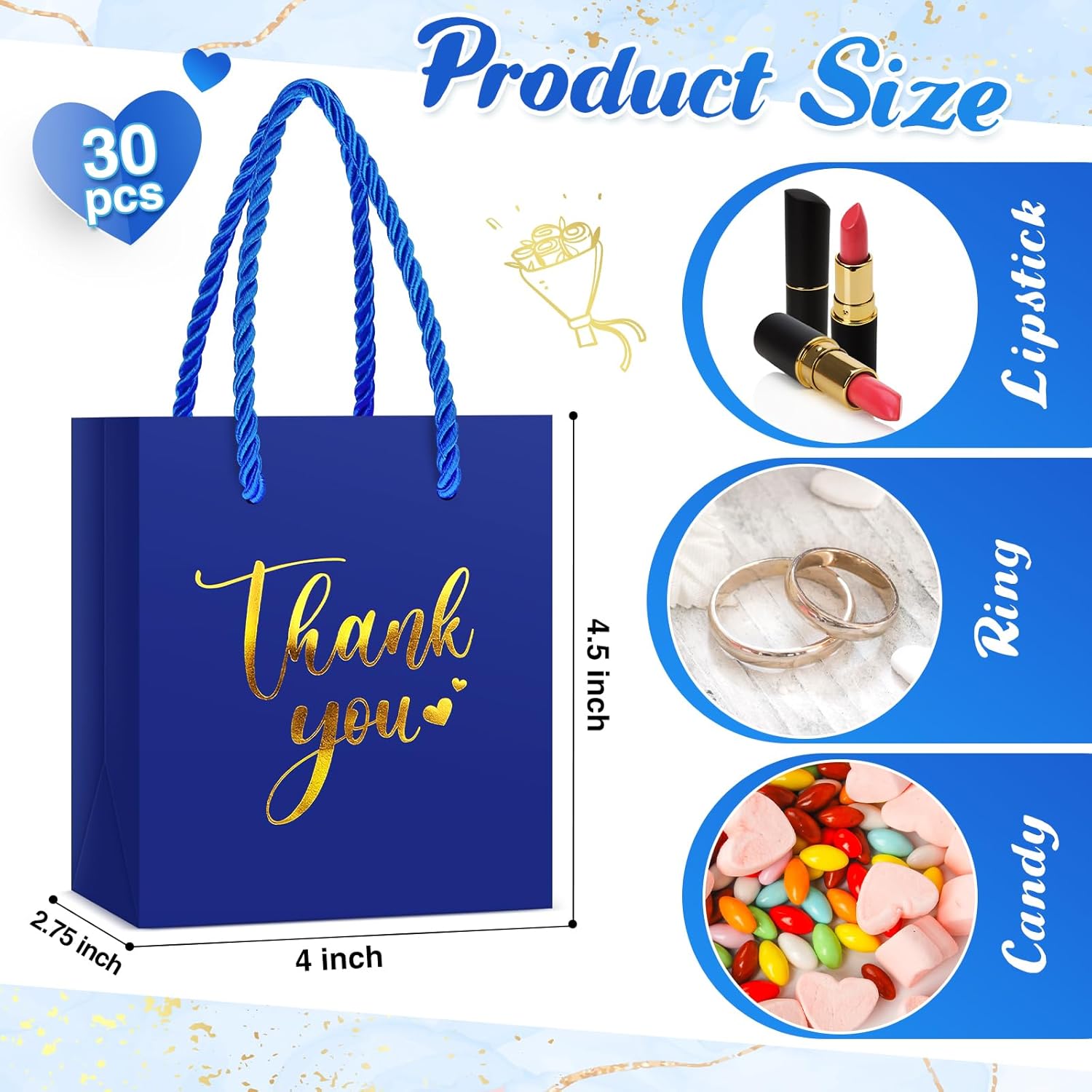 Honoson 30 Pcs Mini Gift Bag with Handle 4 x 2.75 x 4.5'' Small Thank You Bag Foil Paper Tote for Valentine's Day Wedding Baby Shower Birthday Graduation Party Favor Supplies(Dark Blue/Gold) - Image 3