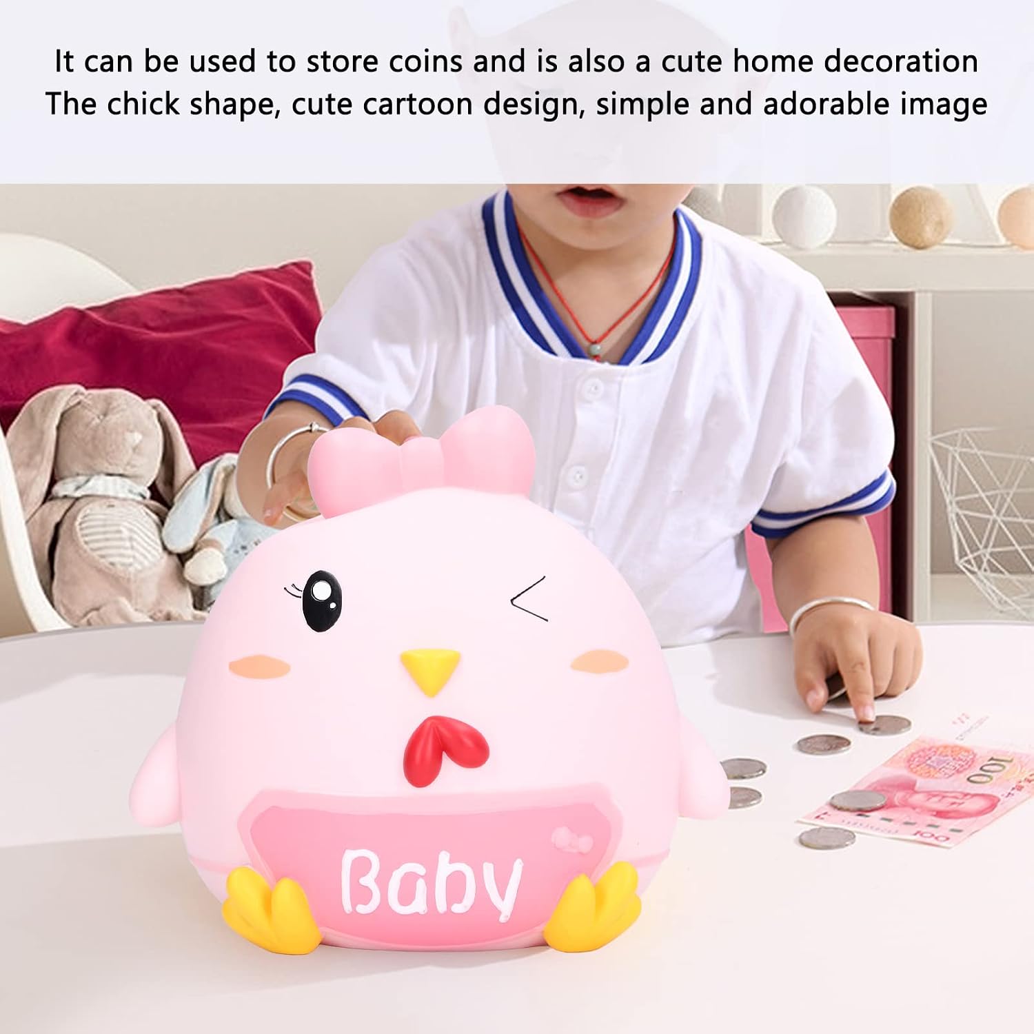 Cartoon Chicken Piggy Bank for Kids - Large Capacity Vinyl Coin Bank, Unbreakable Hand Painted Money Box for Boys Girls, Home Decor Birthday (Pink)