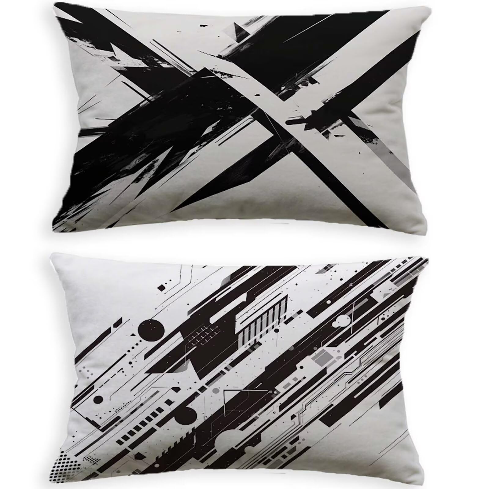 Housse de coussin 80x100cm en velours haut de gamme, motif abstrait noir et blanc moderne