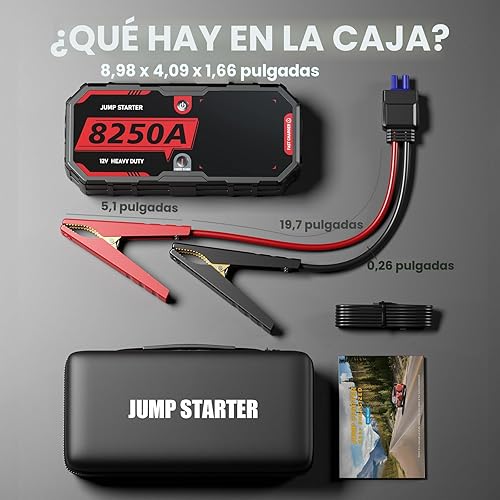 Miniatura 8 de Arrancador de salto 8250A Heavy Duty Jumper Starter Paquete de batería portátil (hasta 10L de gasolina6.5L Diesel), 2 cargadores de energía USB-C,