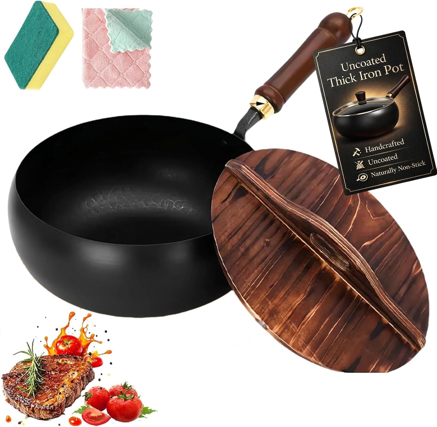 Uncoated Thick Iron Pot, Uncoating Cast Iron Pot, Handmade Multifunctional Non Stick Cast Iron Wok, High Purity Iron Frying Pan for Cooking (with Wooden Lid, 26 cm/ 10.23 in)