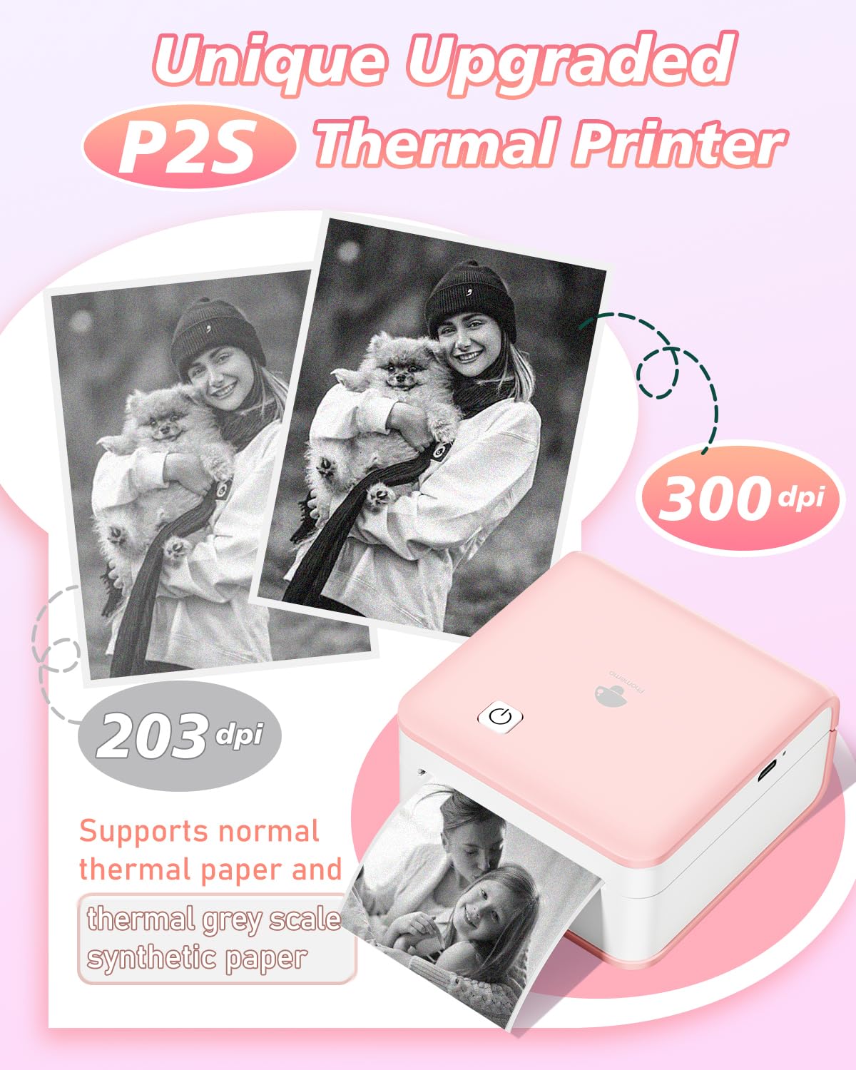 Phomemo Mini drukarka termiczna, przenośna drukarka fotograficzna P2S 300 DPI do smartfonów z 3 rolkami papieru, kompatybilna z systemami iOS i Android, do robienia zdjęć i notatek na prezenty