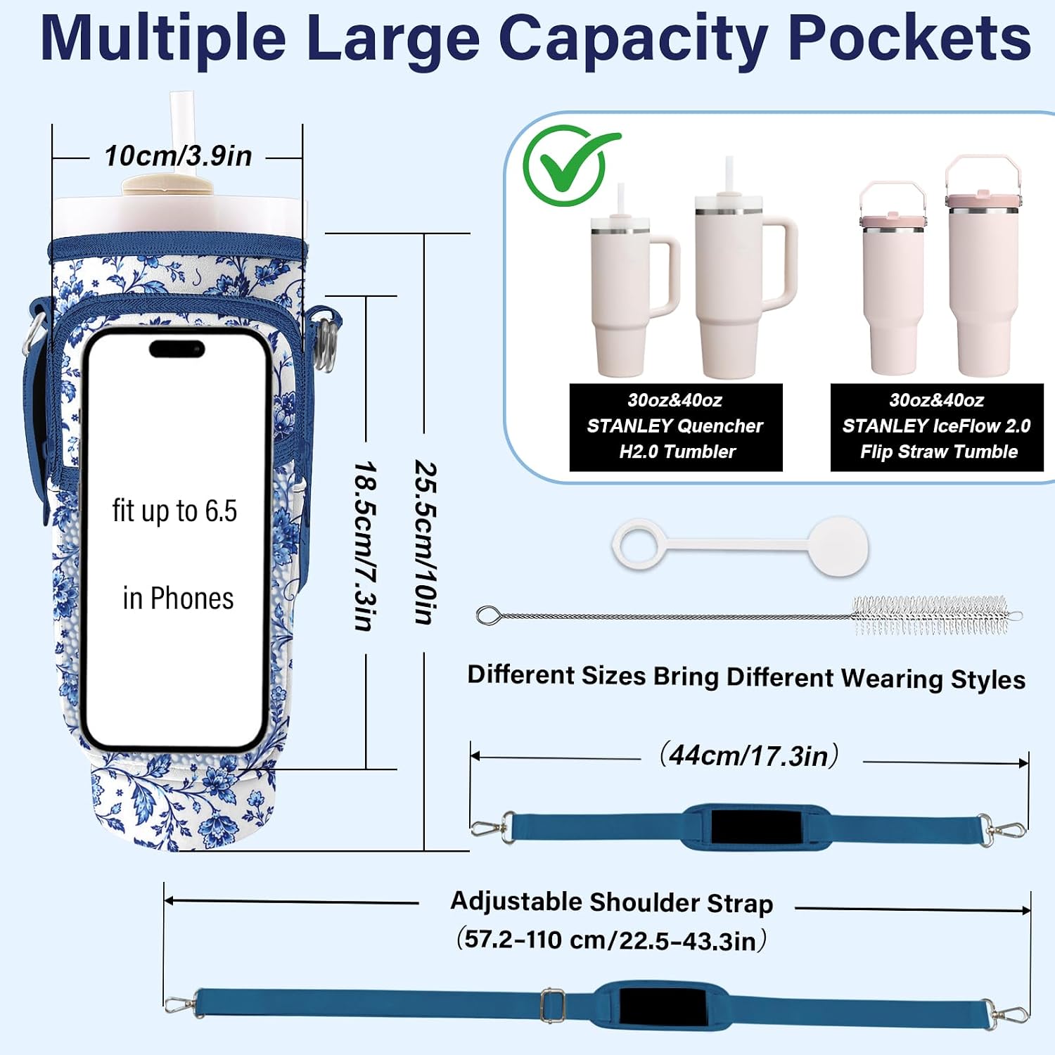 Water Bottle Carrier Bag for Stanley Cup 40/30oz, Neoprene Water Bottle Holder Pouch with 3 Pocket Adjustable Shoulder & Hand Strap image 2