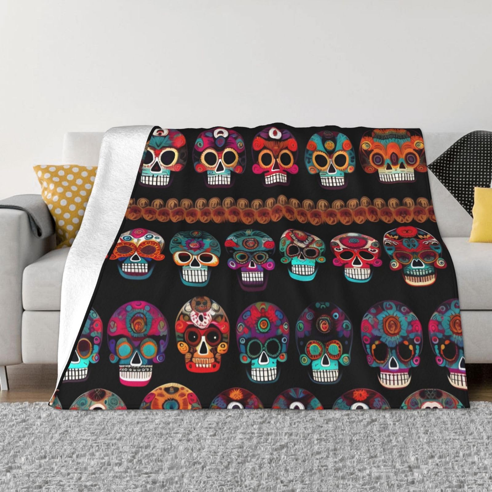 Couverture polaire flanelle au motif crâne mexicain, un plaid doux haut de gamme pour lit