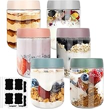 Ezvsevuo 6 Overnight Oats Jar 500ml, Pot Yaourt en Verre avec Couvercle, Bocaux en Verre Hermétique, Meal Prep Containers Verre Multifonctionnel pour Yaourts, Puddings, Confitures, Snacks