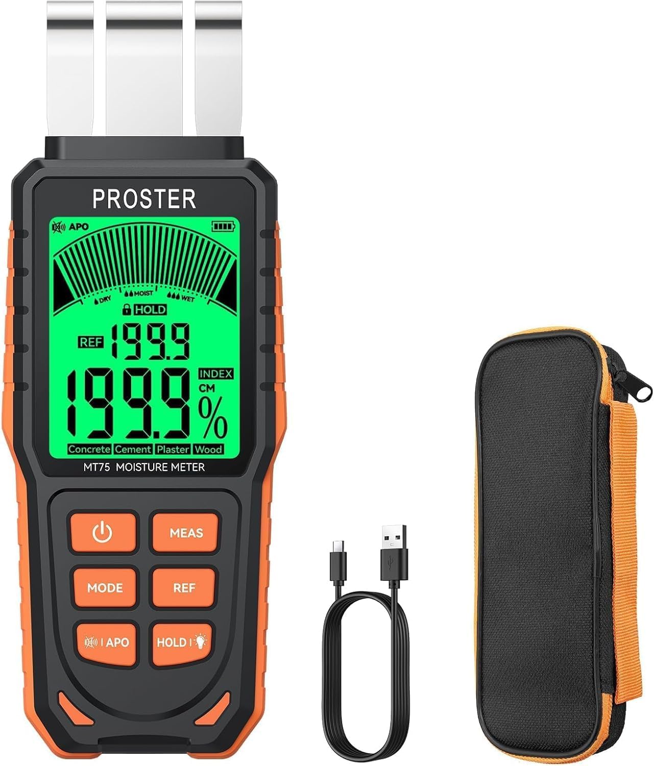 Proster Rechargeable Moisture Meter - Wall Moisture Meter with 5 Modes (Index, Concrete, Cement, Plaster, Wood) & 3-Colour Screen, Pinless Damp Tester with Visual & Sound Alerts Detects up to 40mm