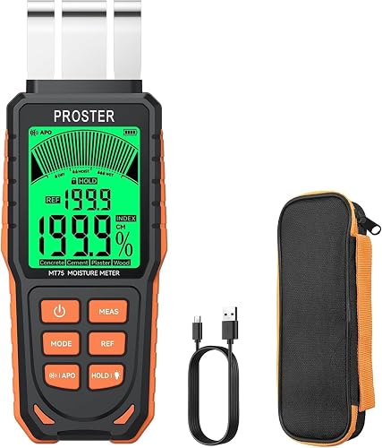 Proster Rechargeable Moisture Meter - 5 Modes Pinless 40mm Depth | 5 Modes: Index Concrete Cement Plaster Wood 3-color LCD Audible Alerts Rechargeable Data hold For Walls/Floors/Ceilings