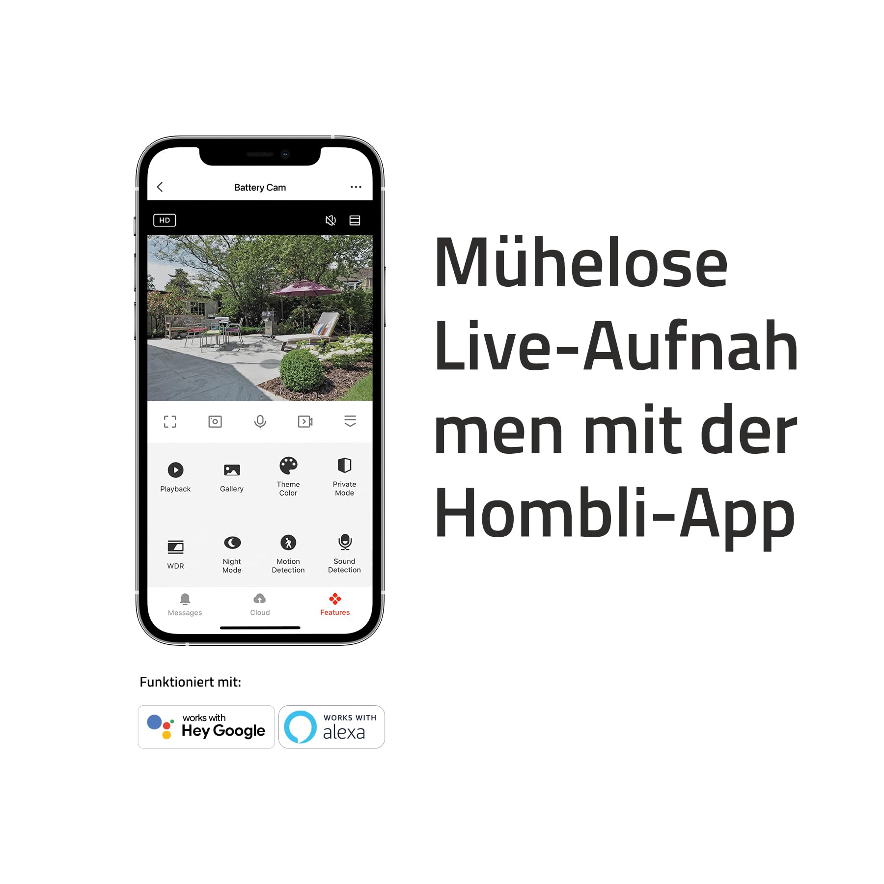 Hombli Battery Cam, Überwachungskamera mit Akku 2K, QHD, Nachtsicht, Weiß