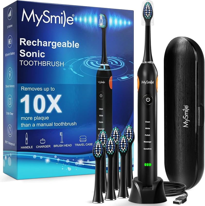 UC605 Electric Toothbrush, 80+ Day Battery, 6 Heads & Travel Case | 48,000 VPM Maglev Motor, 5 Modes with Memory, 2-Min Timer, 30-Sec Pacer, IPX7 Waterproof, W-Shaped DuPont Reminder Bristles