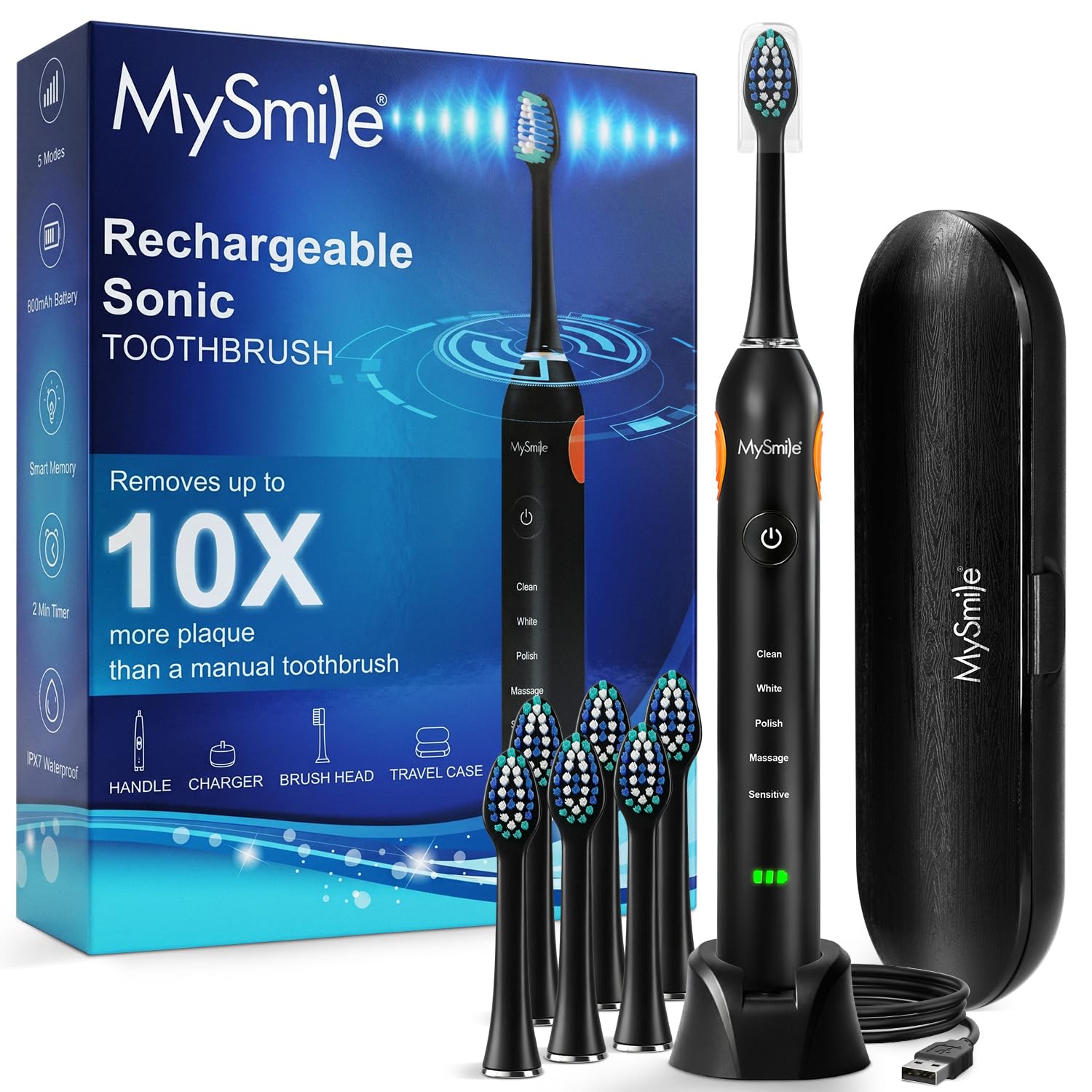 MySmile UC605 - Cepillo de dientes eléctrico para adultos, cepillo de dientes electrónico sónico recargable con 6 cabezales de cepillo y estuche de viaje, 5 modos de temporizador inteligente de 2