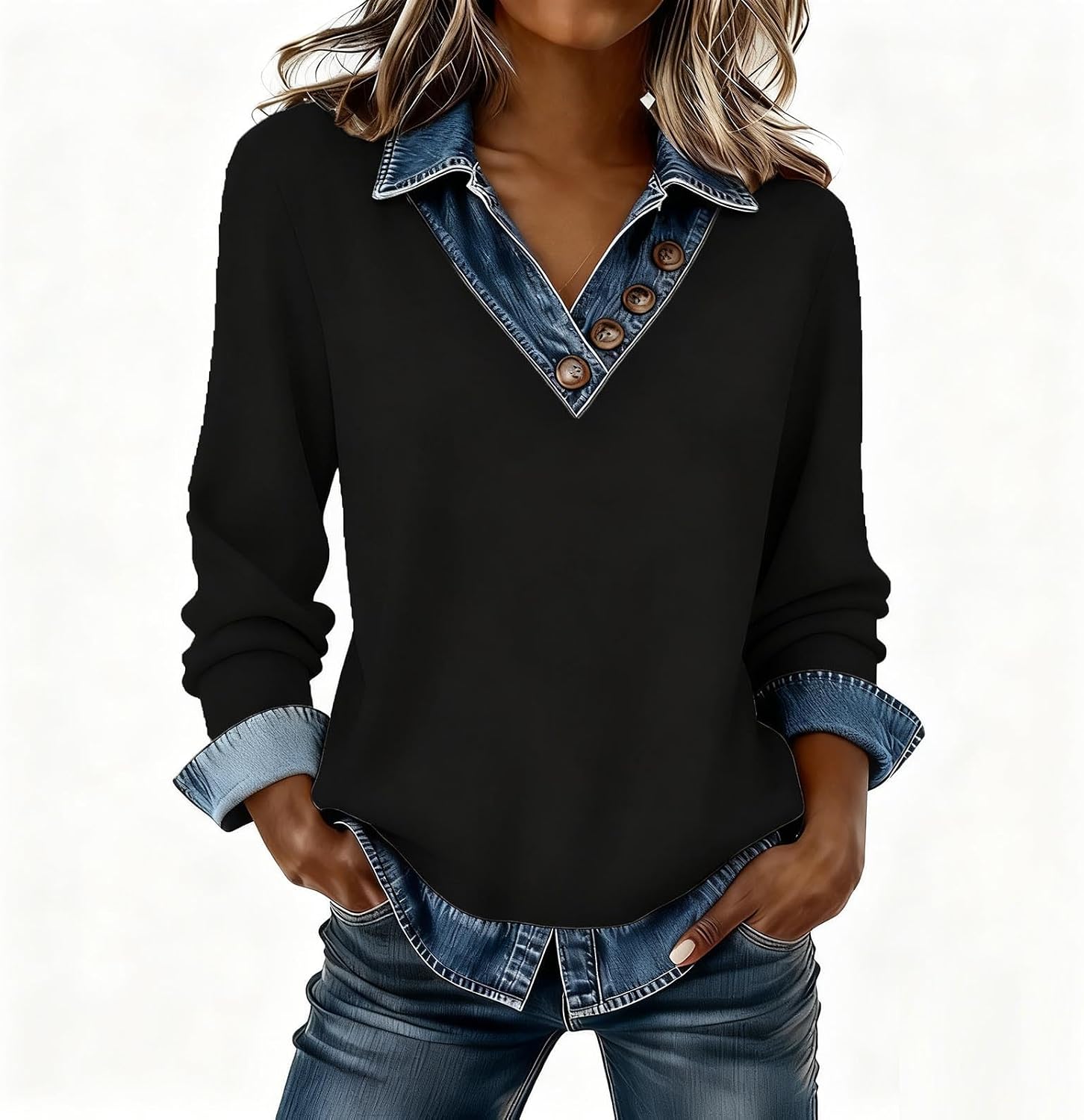 Fashion Denim Sweatshirts for Women:Casual Button Down Long Sleeve V-Neck Workout Shirts 2025 Fall Spring Outfits
