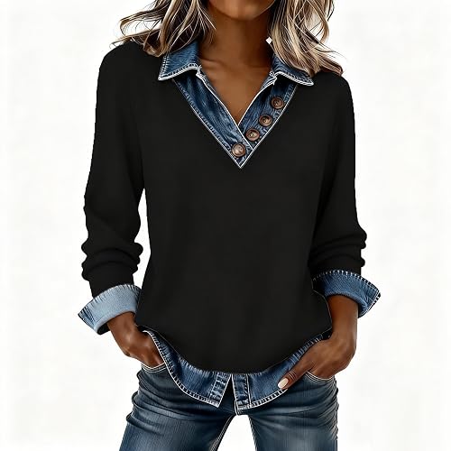 Oplxuo Women's Long Sleeve Shirts with Denim Collar Cuffs Buttons