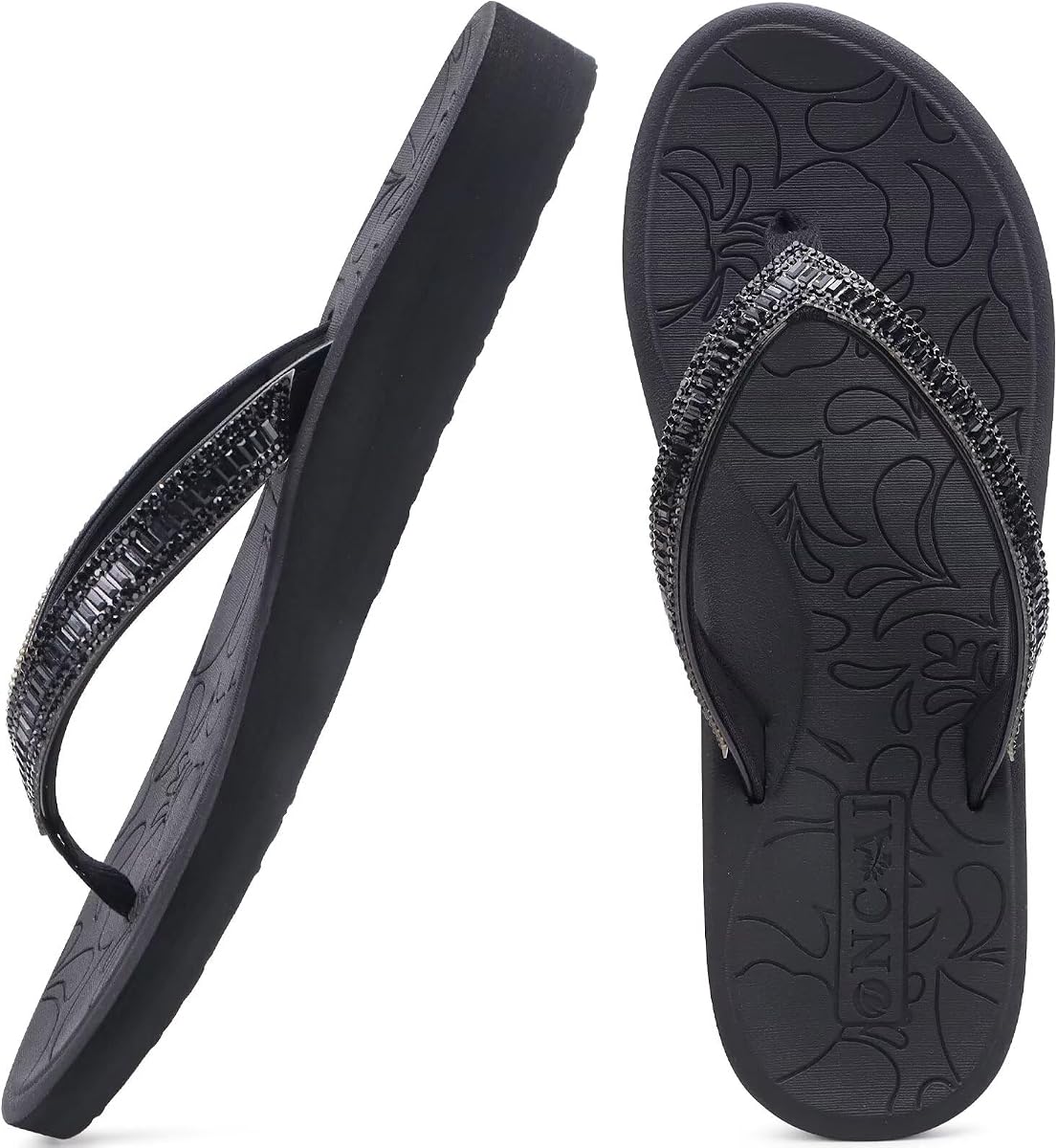 ONCAI Chanclas para mujer con diamantes de imitación, soporte para el arco, esterilla de yoga, comodidad para caminar, verano, playa, sandalias con suela de goma para fascitis plantar, talla EE. UU. 5-11