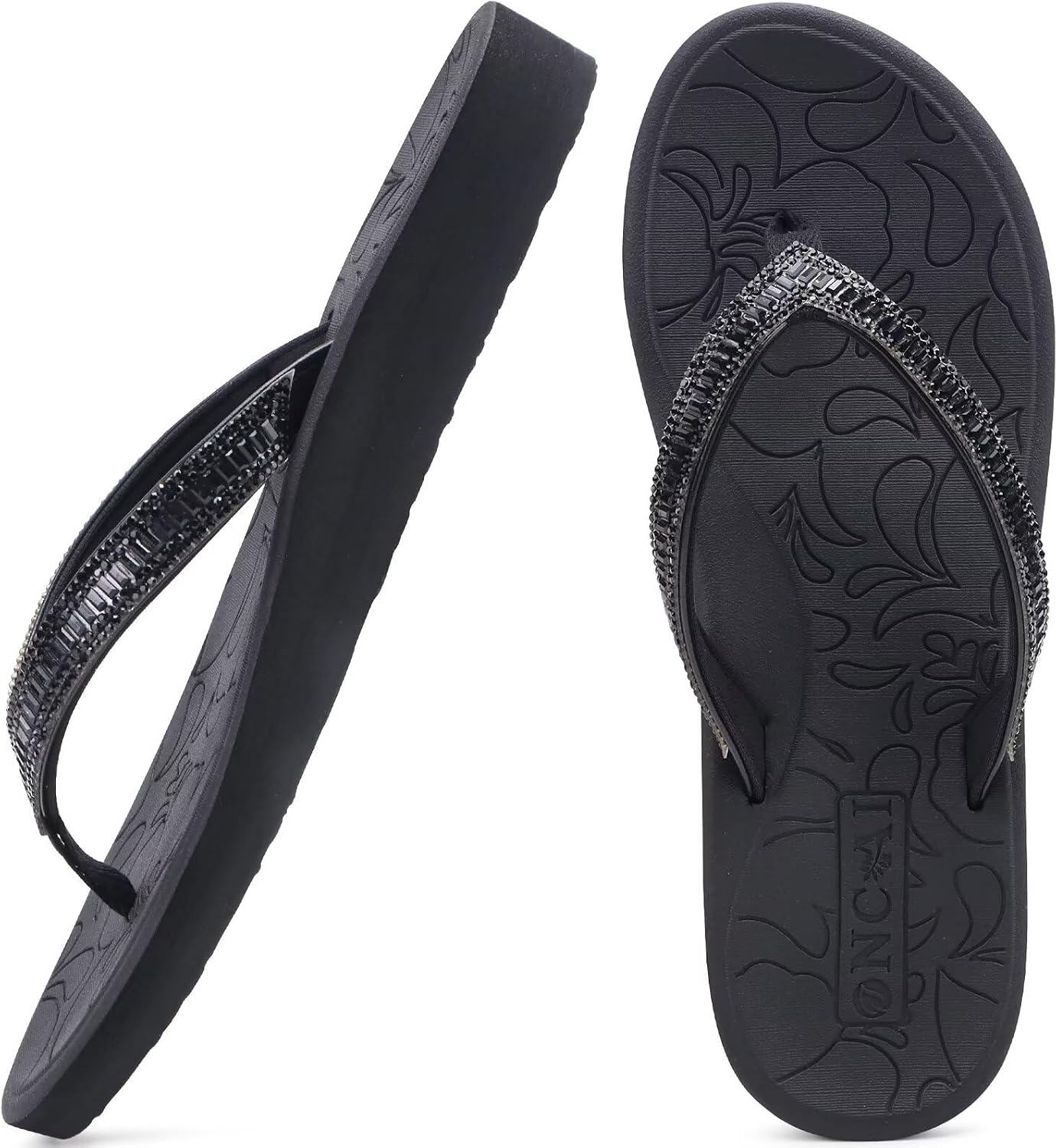 ONCAI Women's Flip Flops with Rhinestone, Arch Support Yoga Mat Comfort Walking Summer Beach Thong Sandals with Plantar Fasciitis Rubber Soles US Size 5-11