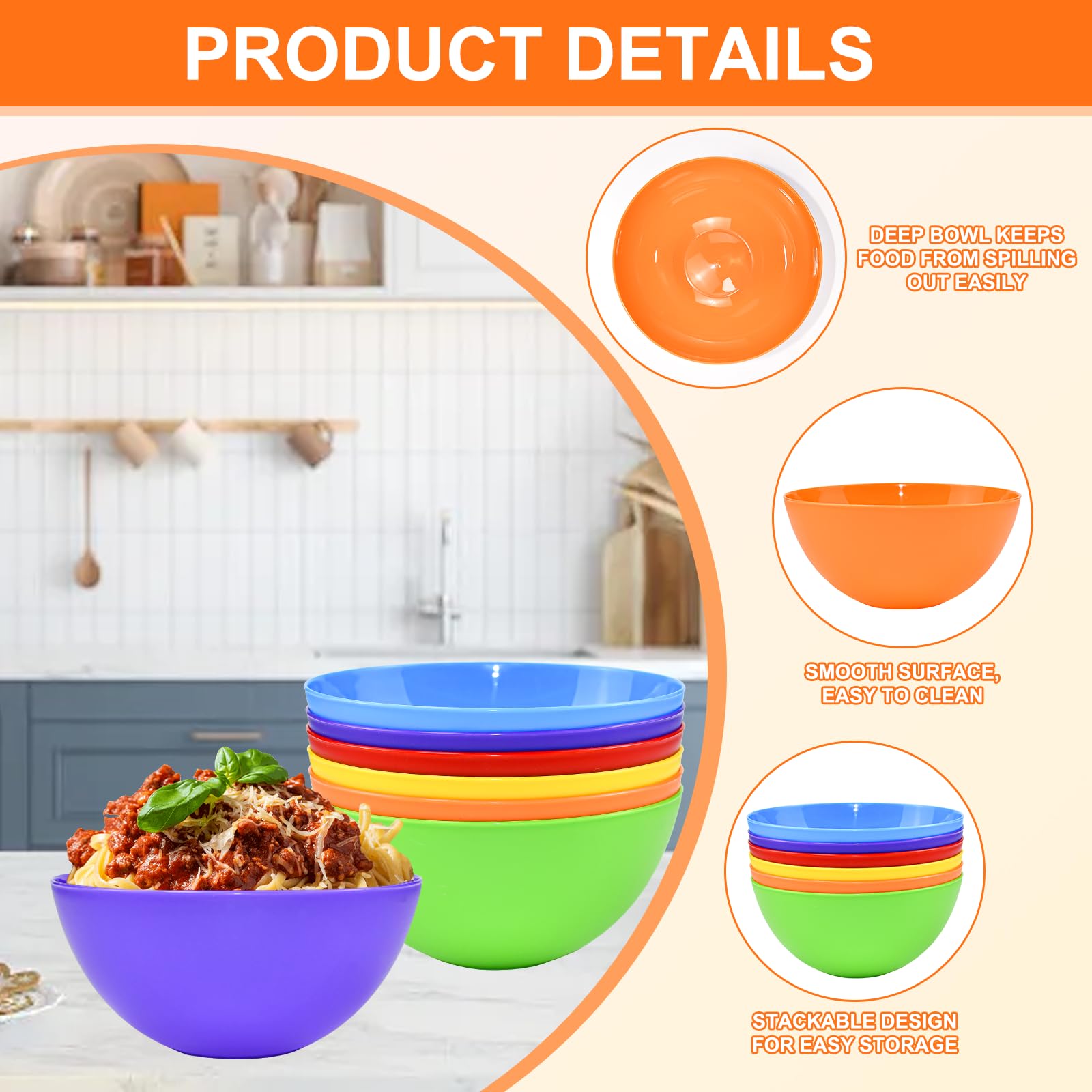 HEKOBAG 24 Pz Ciotola in Plastica Riutilizzabile 709ml - 6 Colori per Cereali, Insalata, Pasta, Frutta, Riso - Senza BPA