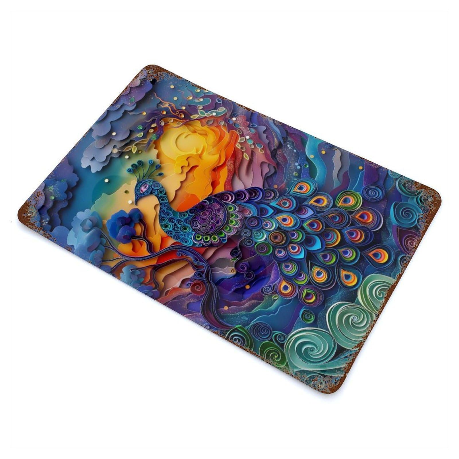 Rust Effect Abstract Colorful Peacock Retro Metal Sign 11.8"x7.9", Classic Wall Plaque for Cafe, Home Bar And Lounge Decor