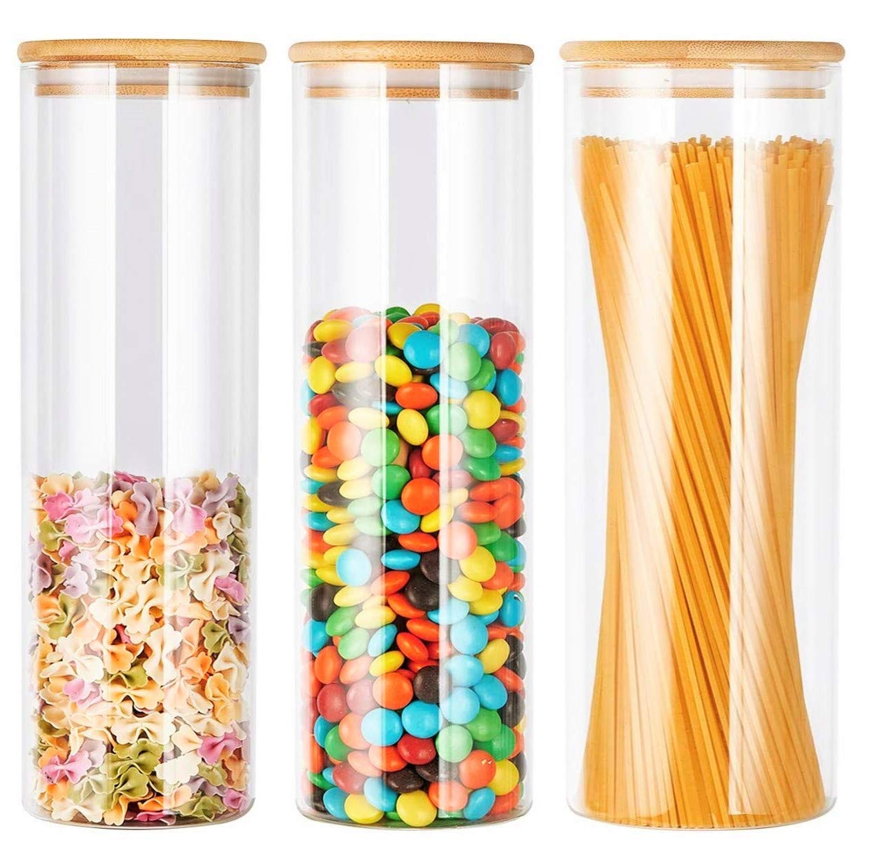 Het Clear Kaheign 3Pcs Storage Jars With Silicon Ring Bamboo Lids, 1500Ml X 2 / 2100Ml Air Tight Glass Kitchen Food Cereal Containers For Jam Pasta Spaghetti Coffee Beans Cookie Snack Flour