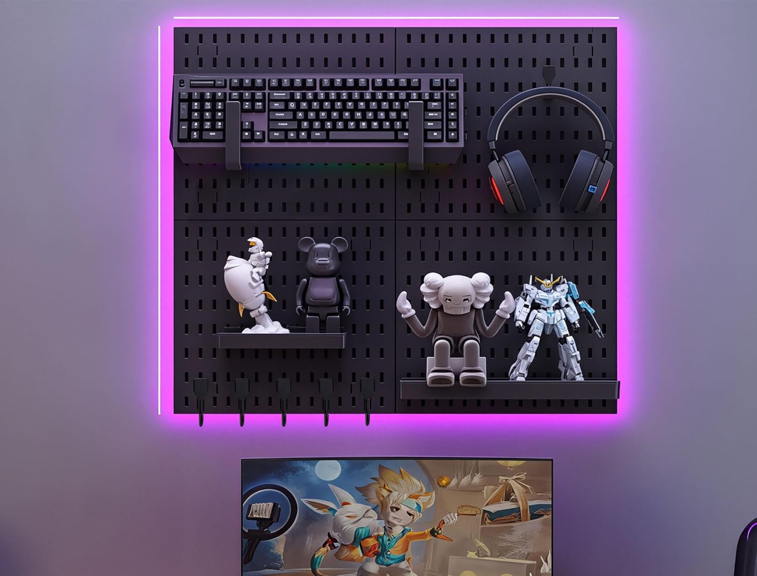 12 * 12in Pegboard Set, DIY Pegboard Combo Kit, Wall-Mounted Storage Organizer, Includes 4 pegboards and 18 Accessories, Suitable for Office, Gaming Room, Kitchen, and Decorative Display (Black)