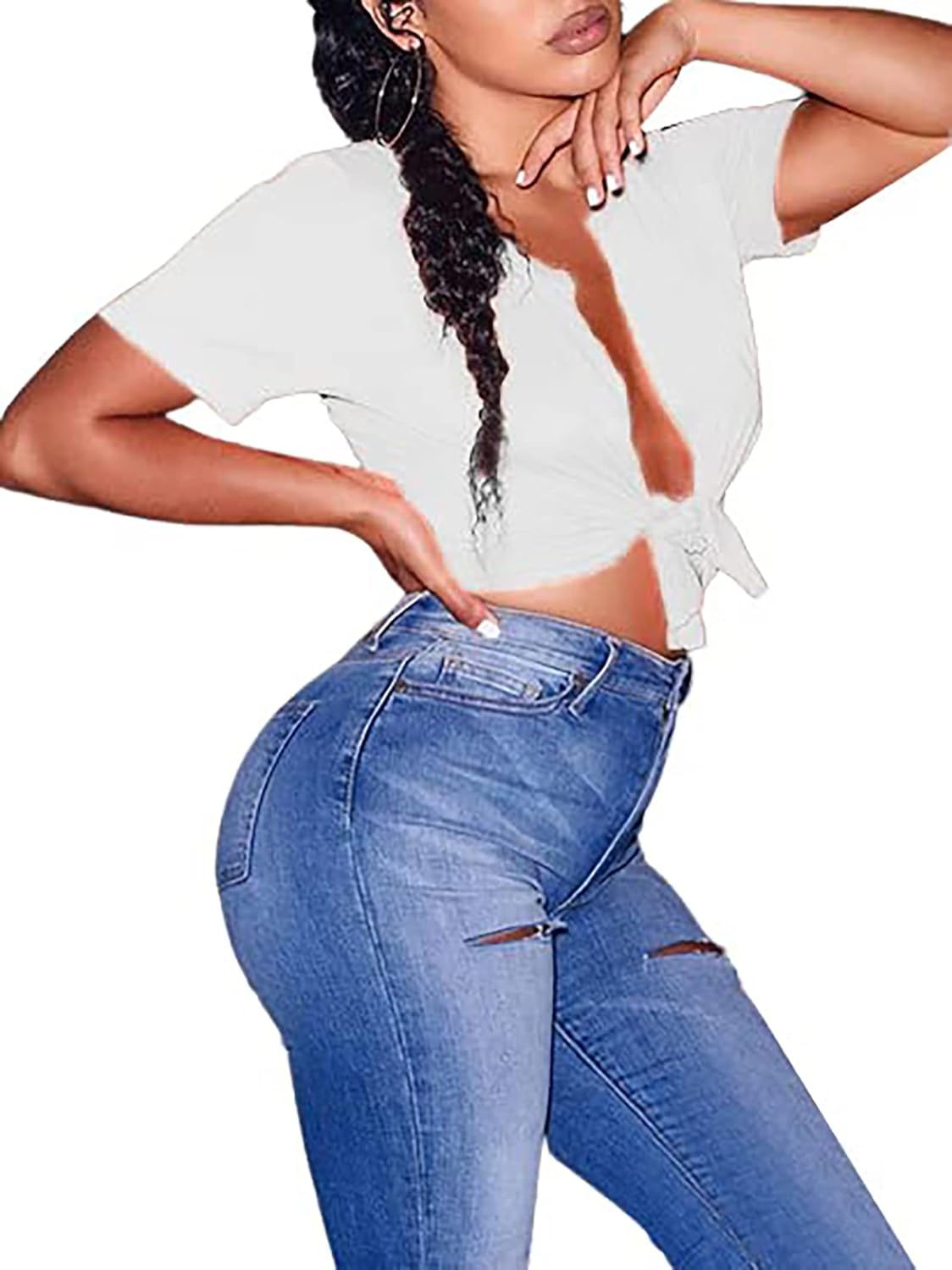 Sexy Graphic Crop Tops for Women Summer Short Sleeve Tie up Tee Shirt - Image 4