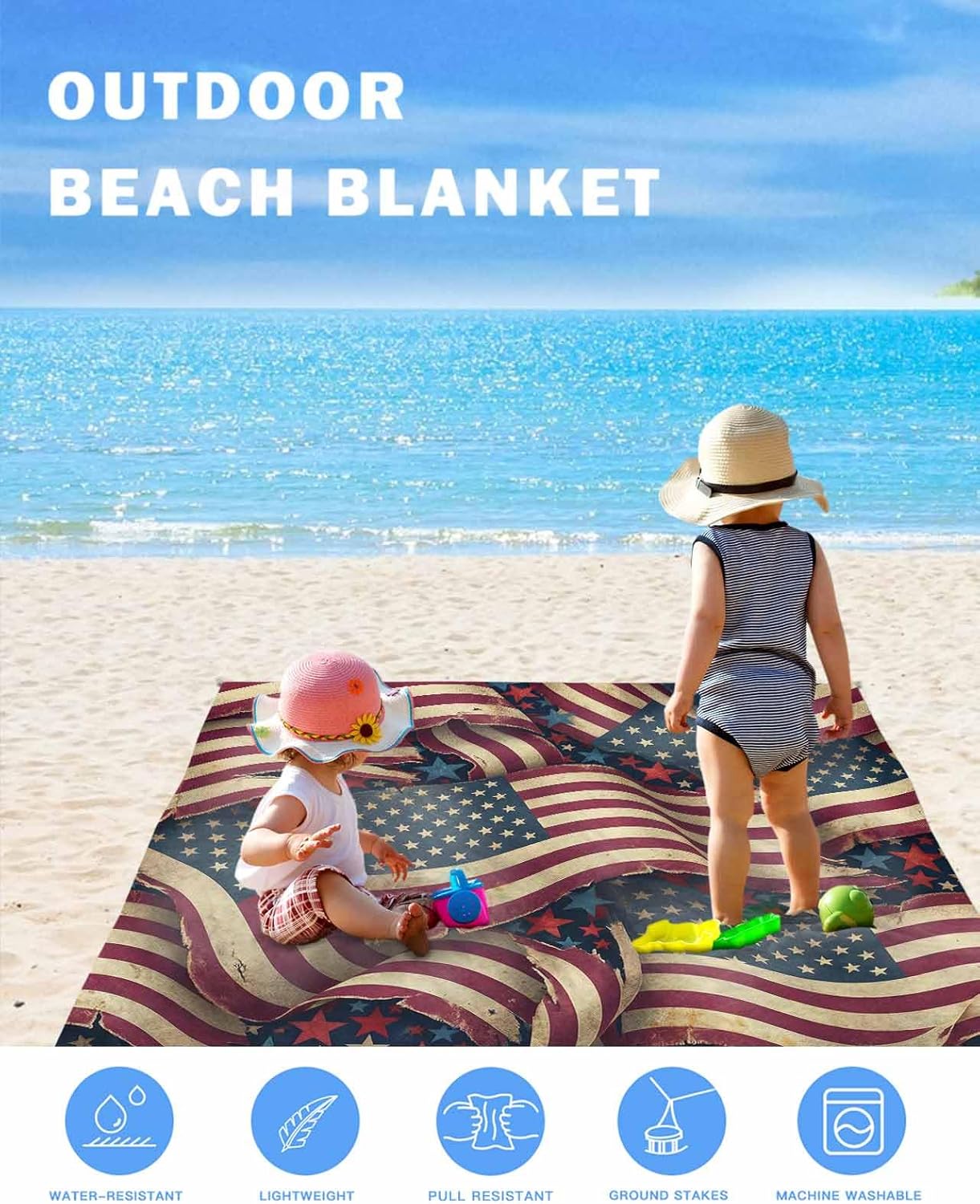 Independence Day American Red White Stripe Beach Blanket Waterproof Outdoor Picnic Mat 95"x80" Stars on Blue Lightweight Large Beaach Blankets with 4 Stake & 4 Corner Pockets