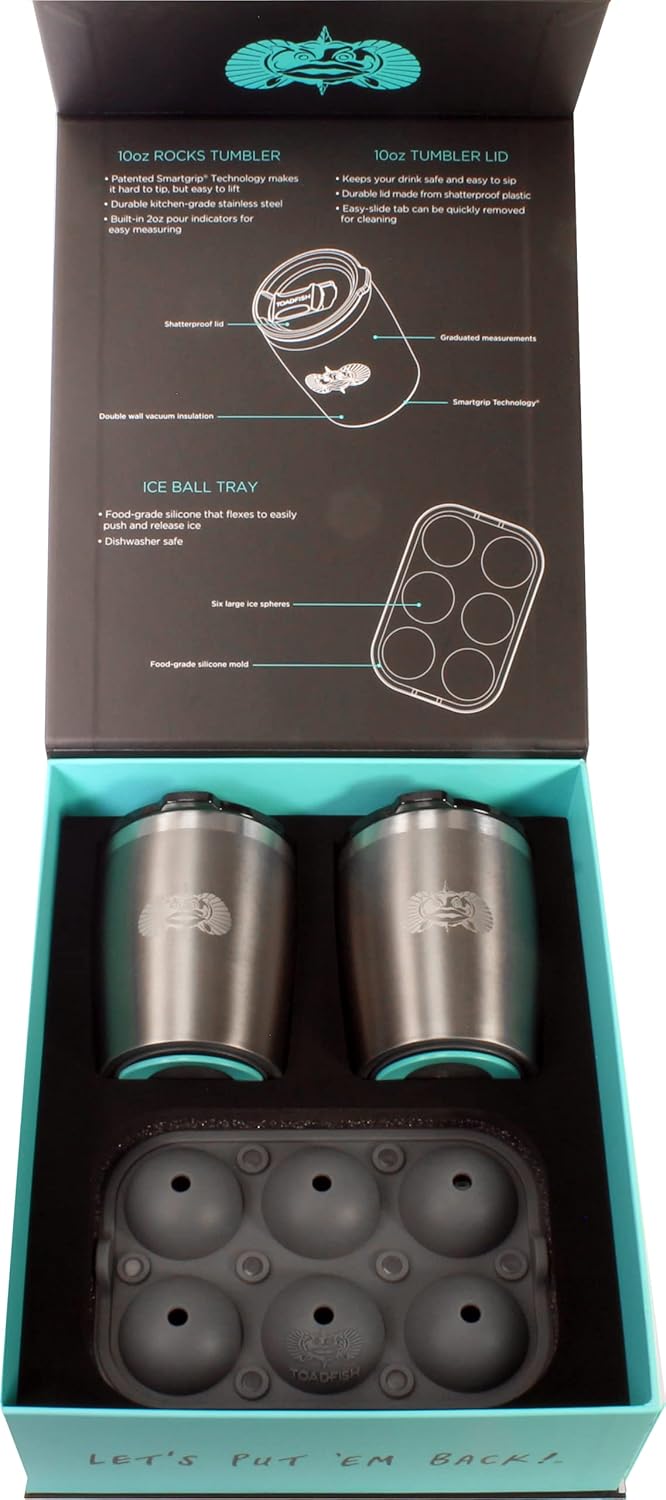 Toadfish Non-tipping 10oz Double Wall Insulated Stainless Steel Rocks Tumbler 2-Pack Gift Set w/Ice Ball Tray & Easy Slide Lid - Graphite