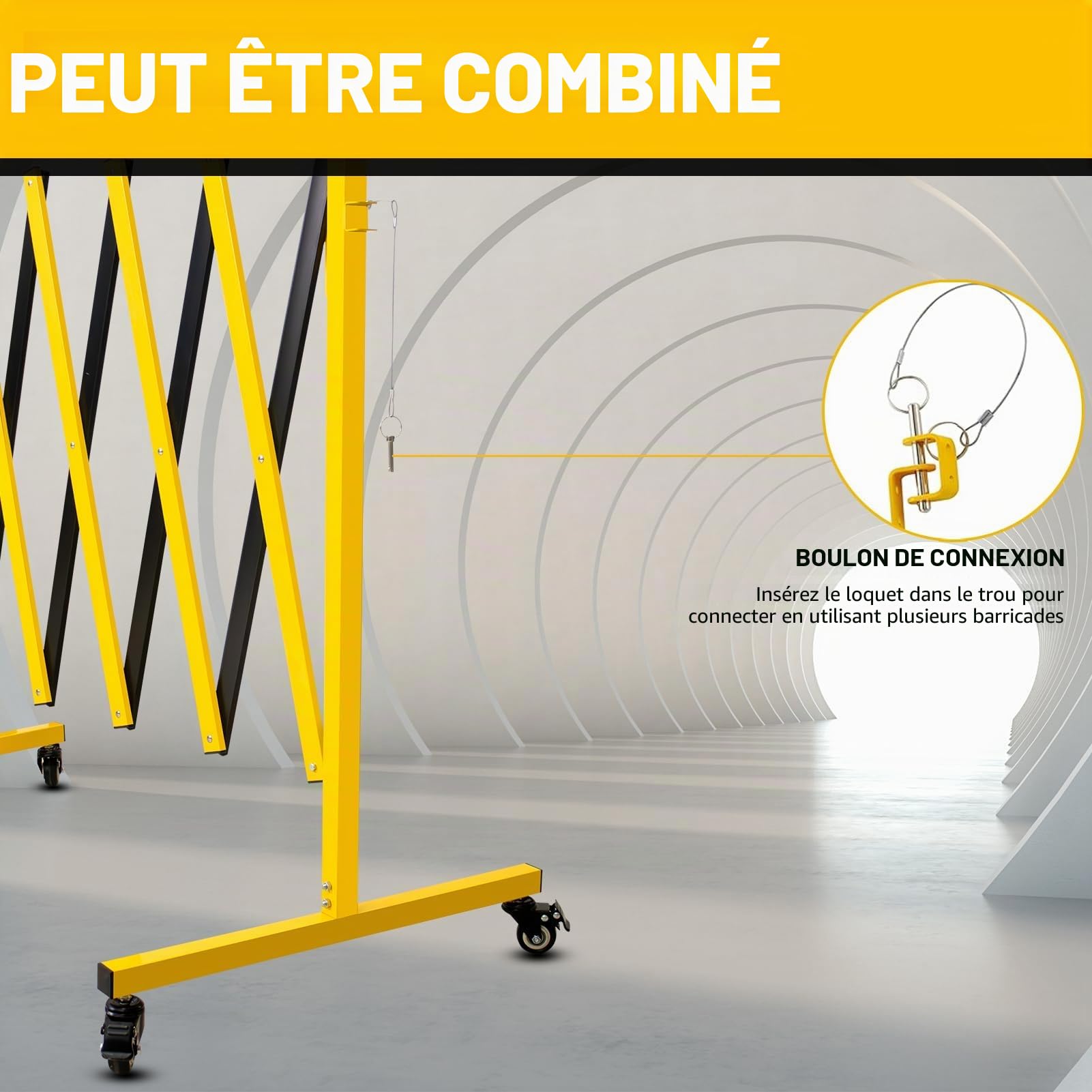 Grille Industrielle Extensible pour l'extérieur, 5 m Jaune et Noire, chaînes de barrière Mobile Extensible avec roulettes (1, 5m)