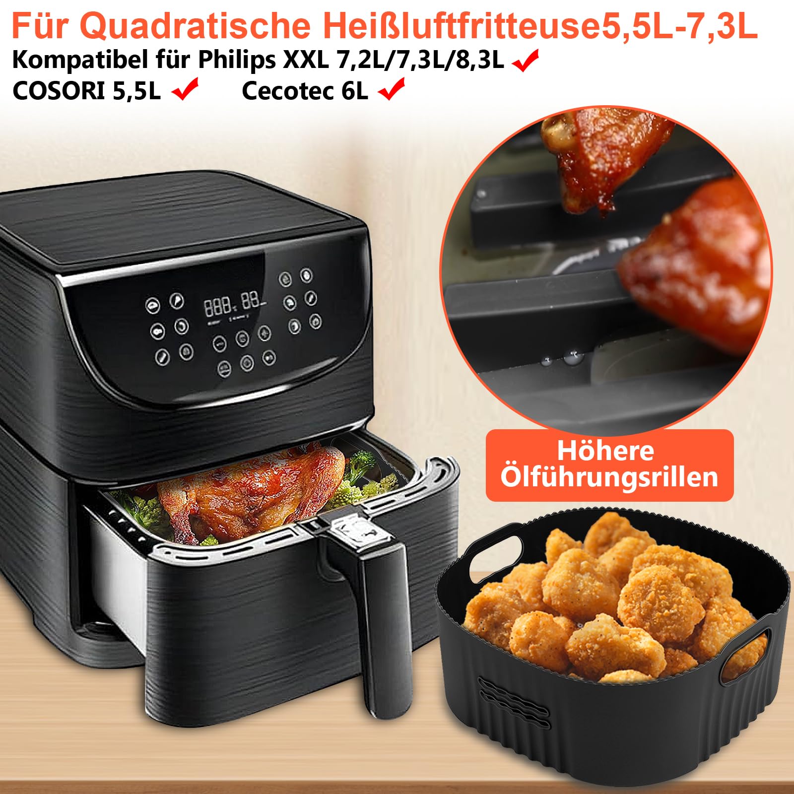 YINGRACE 22 cm accessoires luchtfriteuse van siliconen, 2 vierkante bakvormen mand luchtfriteuse voor Moulinex 6,5 l EZ8018, Princess 6,5 l, herbruikbaar in plaats van papieren oven