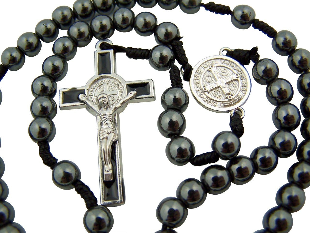 Religious Gifts Hematite Bead Saint Benedict Medal Center Hand Held Cord Rosary, 12 Inch - Image 2