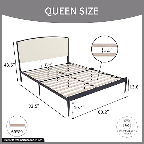 Miniatura 2 de YUHUASHI Base de cama de metal con plataforma, diseño simple, cabecera curvada cubierta de lino, marco y pie de metal, fácil de montar y silencioso