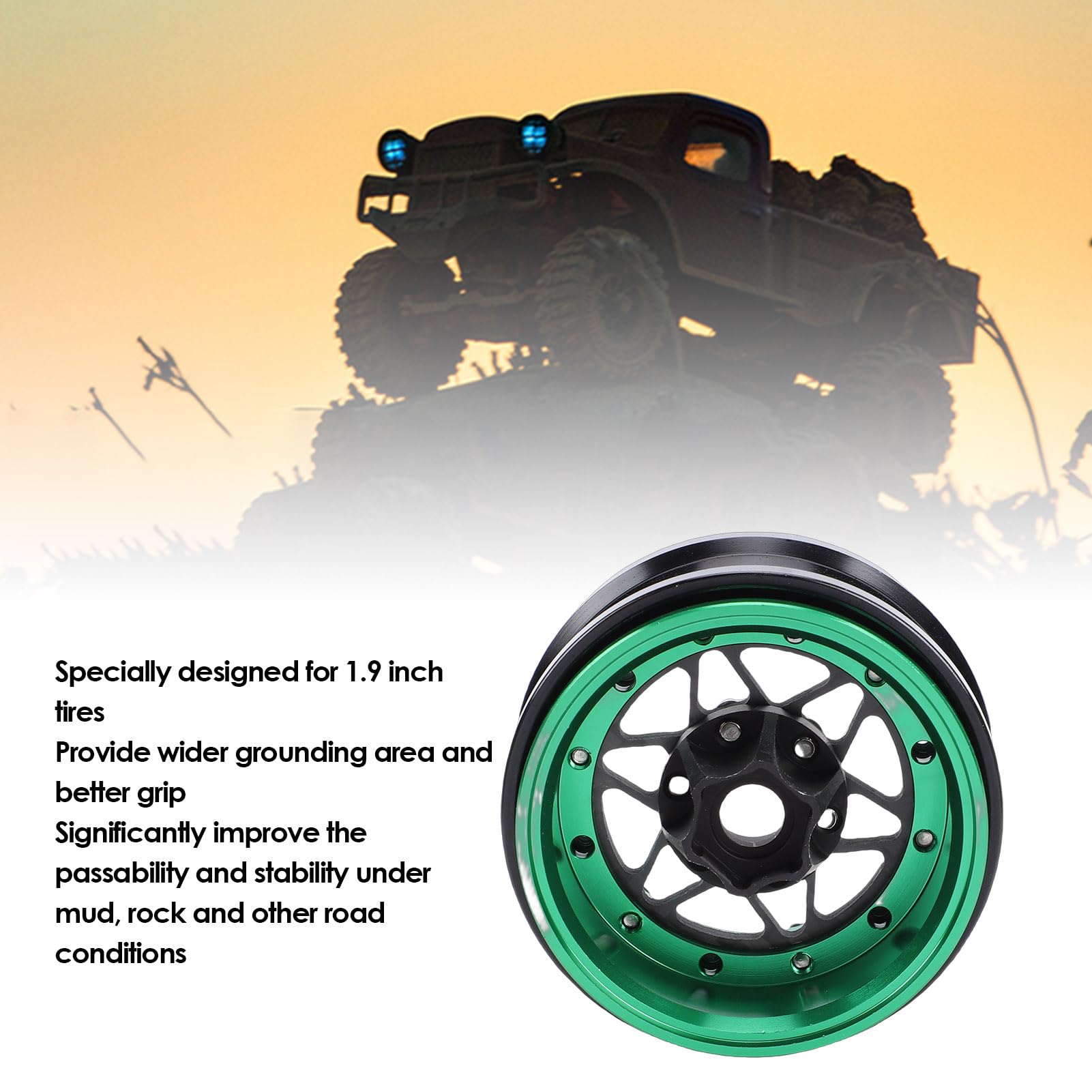 4 Llantas de Aleación de Aluminio RC Crawler, Ruedas 1.9 Beadlock Ligeras Mecanizadas CNC con Fijación de Tornillo de 4 Agujeros para 1/10 Axial SCX10 Wraith RC Crawler (Green)