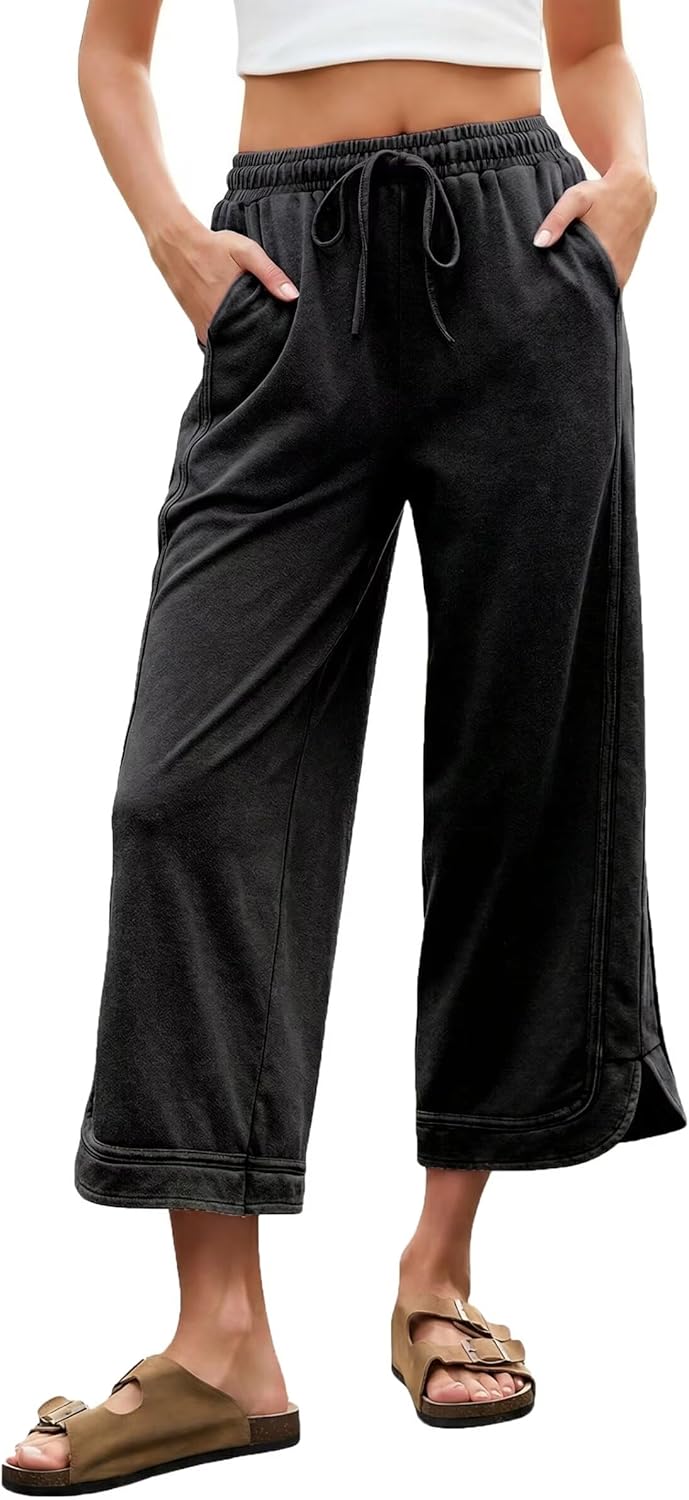 Allimy Women’s 2026 Spring Acid Wash Baggy Wide Leg Sweatpants Casual Comfy Drawstring Joggers Cropped Capri Pants