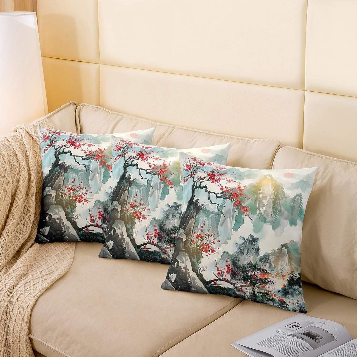 Feelyou Japanese Style Throw Pillow Covers 24"x24" Set of 2 Cherry Blossoms Decorative Pillowcase Fuji Mountain Decor Home Decor Cushion Cover Red Sun Ink Painting Down Outdoor Pillows Covers
