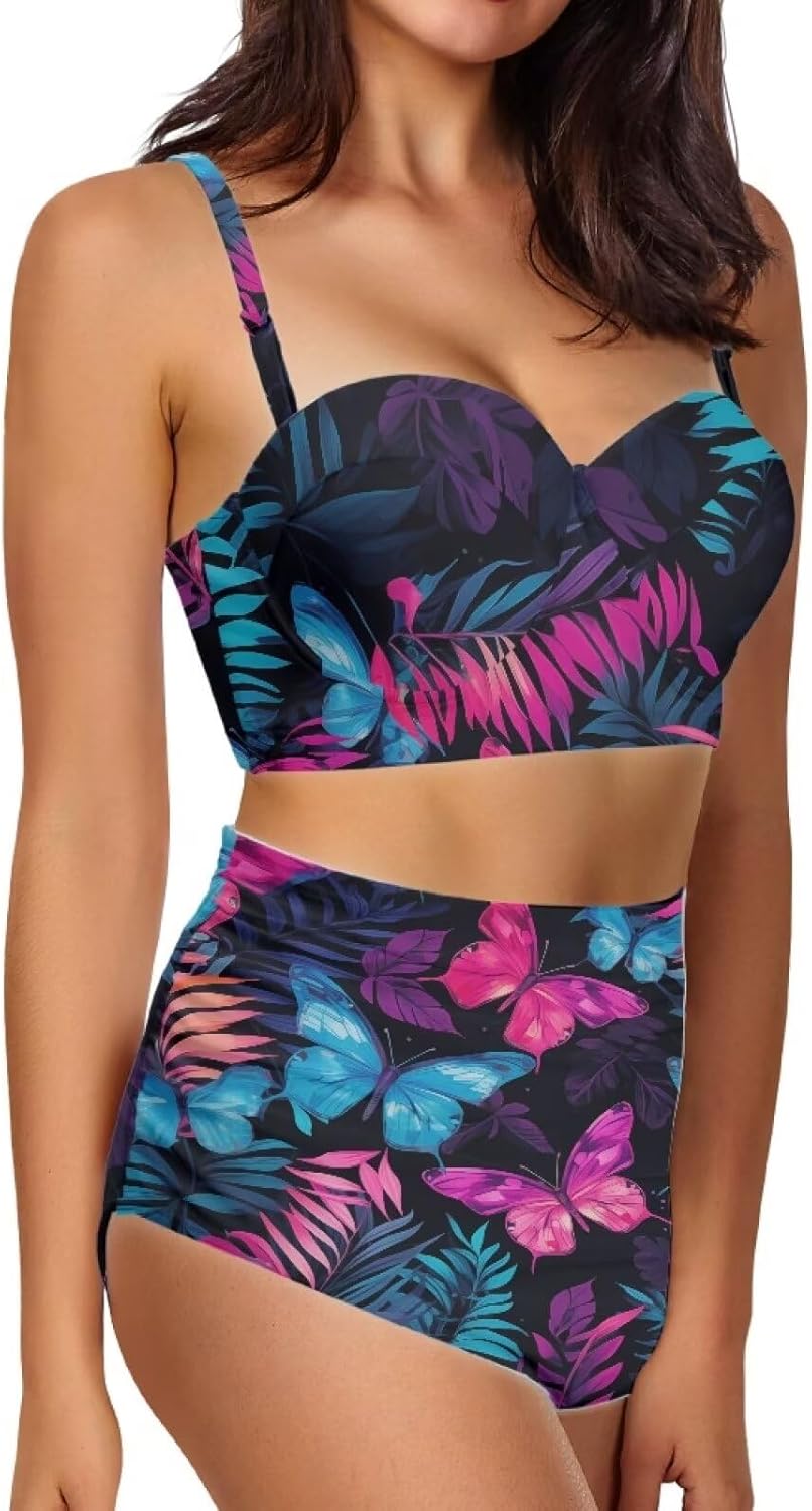 ZOUTAIRONG Ribbed Bikini High Waisted Bikini Crop Top Swimsuit for Women Two Piece Bathing Suit Size S-2XL
