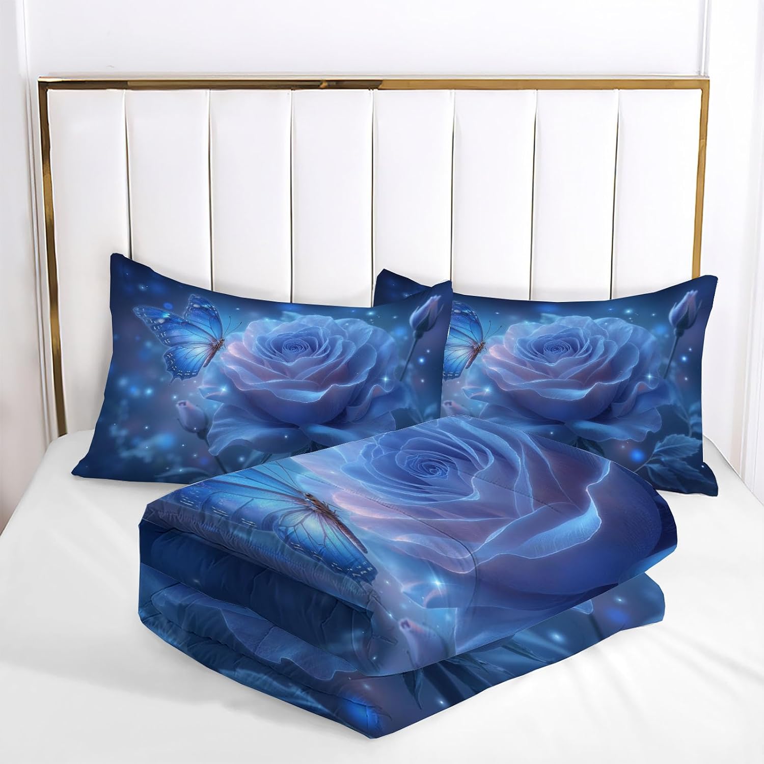 Fantasy Flowers Comforter Set Twin Size, Dreamy Roses Bedding Set for Girls Boys, Blue Quilt Bed 68"X90" Bedding Comforter Sets with 2 Pillowcase Room Decor